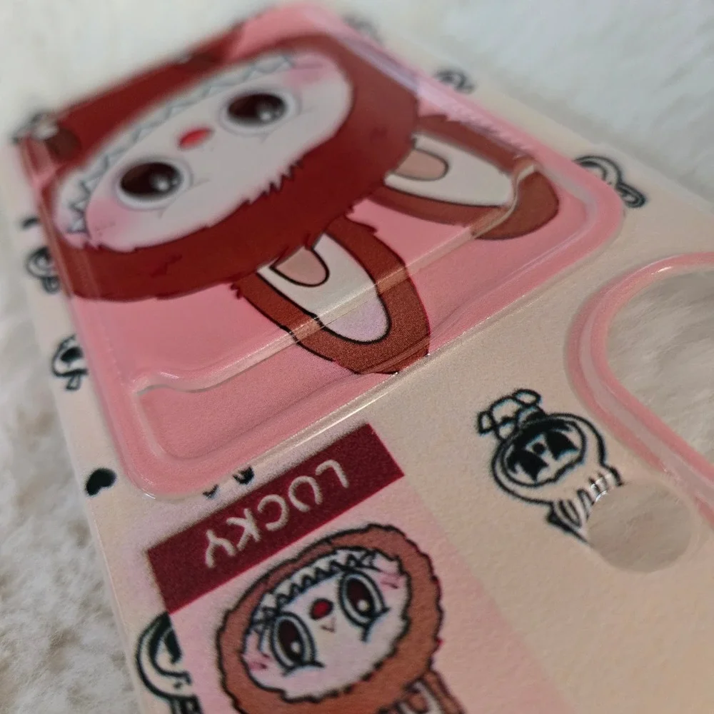 Labubu Phone Case iPhone 16 Brown Pink Monster Wristlet Lanyard Card Slot